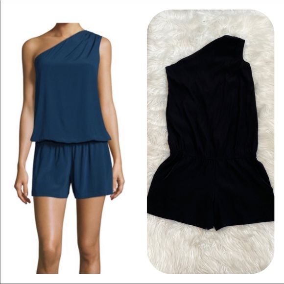 Ramy Brook Pants - Ramy Brook Black Stretch Silk One Shoulder Romper